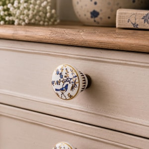 Blue Bird Ceramic Drawer Knobs, Hand Painted Pulls, Vintage Furniture Hardware (Pack of 2)
