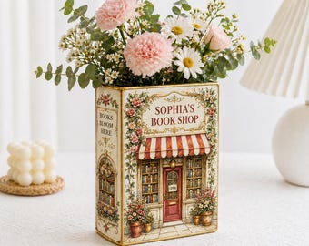 Personalized Floral Book Shop Book Vase, Stained Glass Bookstore Decor, Custom Book Lover Gift, Cottagecore Literary Vase