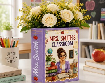 Personalisierte Lehrerbuchvase, kundenspezifische Klassenzimmerkeramikvase, Lehreranerkennungsgeschenk, Buch-Liebhaber-Schreibtischdekor, Blumenhalter