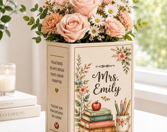 Personalisierte Lehrer Keramik Büchervase, Benutzerdefinierte Mrs Emily Blumen Klassenzimmer Blumenhalter, Lehrer Wertschätzung Geschenk, Buch-Liebhaber-Dekor
