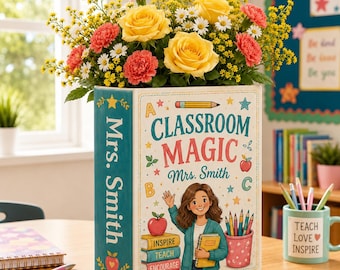 Personalisierte Lehrerbuchvase, kundenspezifische Klassenzimmerkeramikvase, Lehreranerkennungsgeschenk, Buch-Liebhaber-Schreibtischdekor, Blumenhalter