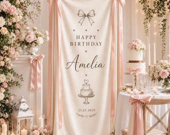 Personalized Birthday Linen Banner, Custom Girls Birthday Backdrop Sign, Pink Bow Party Decor, Cake Smash Photo Prop