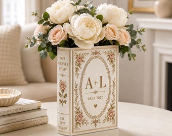 Personalized Wedding Ceramic Book Vase, Custom Couple Initials Floral Vase, Anniversary Gift, Wedding Table Decor