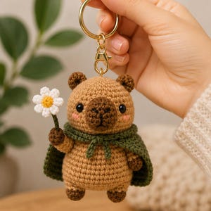 Crochet Capybara Keychain, Handmade Animal Bag Charm, Cute Crochet Gift, Flower Capybara Plush Keyring, Kawaii Amigurumi Keychain