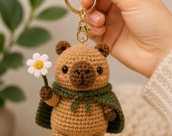 Crochet Capybara Keychain, Handmade Animal Bag Charm, Cute Crochet Gift, Flower Capybara Plush Keyring, Kawaii Amigurumi Keychain