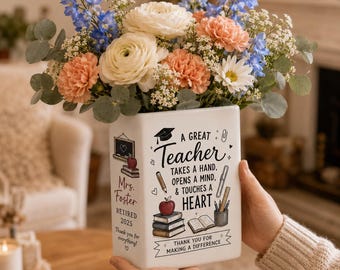 Personalized Teacher Book Vase, Custom Ceramic Book Shaped Flower Vase, Teacher Retirement Gift, Thank You Teacher Gift