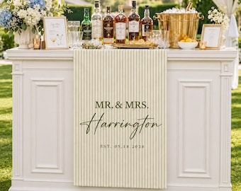 Personalized Linen striped bar or event Sign, Custom Wedding Welcome Sign, Fabric Bar Menu Banner, Personalized Name Date, custom name sign
