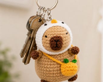 Gehäkelte Capybara Ente Schlüsselanhänger, Niedliche Capybara Ente Kostüm Anhänger, Handgemachter Amigurumi Tier Taschenanhänger, Kawaii Plüsch Schlüsselanhänger Geschenk