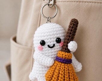 Crochet Ghost Keychain, Halloween Amigurumi Ghost with Broom, Cute Handmade Bag Charm, Spooky Boo Gift for Kids, Fall Accessory
