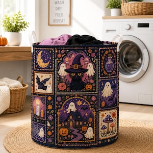 Halloween wasmand, gewatteerde wasmand met zwarte kattenprint en spookmotief, griezelige patchwork opbergmand, pompoen woondecoratie, trick-or-treat mand