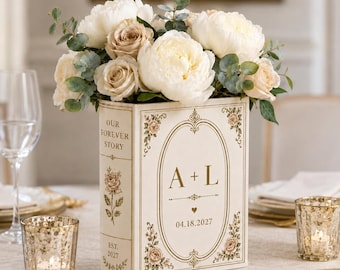 Personalisierte Hochzeit Keramik Büchervase, Benutzerdefinierte Initialen Blumenhalter, Elegante Paar Jahrestag Geschenk, unsere Forever Geschichte Dekor