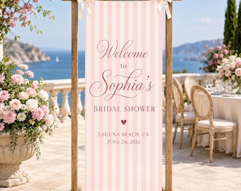 Personalized Bridal Shower Welcome Sign, Pink Striped Fabric Banner, Custom Bride To Be Party Decor, Garden Bridal Shower Sign