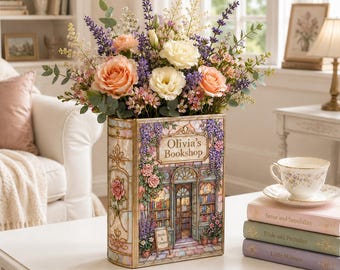 Personalisierte Blumenbuchladen-Buchvase, Glasmalerei-Buchladendekor, kundenspezifisches Buch-Liebhaber-Geschenk, Cottagecore literarische Vase