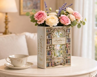 "Personalisierte Buchladen-Keramikvase, Bücherregaldekor, Lesergeschenk, kundenspezifisches Blumenandenken, Weinlese- Bibliotheks-Dekor ""Leser Geschenk""."
