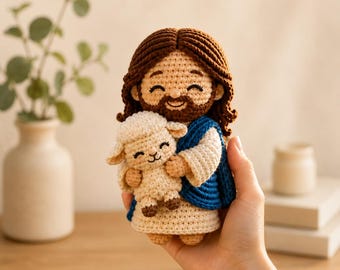 Jesus hält Lamm häkeln Plüsch, handgemachte christliche Amigurumi-Puppe, religiöses Geschenk, Bibelgeschichte Kinderzimmer Dekor, Ostern häkeln Geschenk