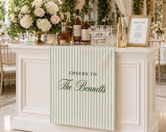 Custom Striped Bar Sign, Cheers Cocktail Table Decor, Personalized Drink Table Runner, Elegant Wedding Reception Sign