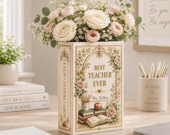 Personalisierte Lehrer Keramik Büchervase, Benutzerdefinierte Lehrer Wertschätzung Geschenk, Bibliothek Dekor Blumen Vase, Zurück in der Schule Lehrer Geschenk