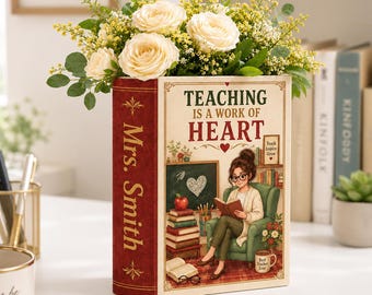 Personalisierte Lehrerbuchvase, kundenspezifische Klassenzimmerkeramikvase, Lehreranerkennungsgeschenk, Buch-Liebhaber-Schreibtischdekor, Blumenhalter