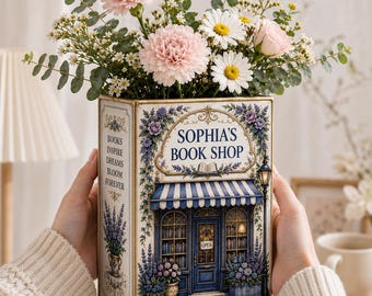 Personalized Book Shop Ceramic Vase, Custom Floral Book Vase, Book Lover Gift, Teacher Librarian Gift, Unique Flower Vase Decor