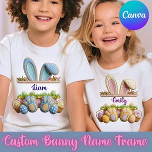 May include: Two children wearing white t-shirts with Easter-themed designs. The shirts feature bunny ears, paw prints, Easter eggs, and the names "Liam" and "Emily." The text "Custom Bunny Name Frame" is at the bottom.