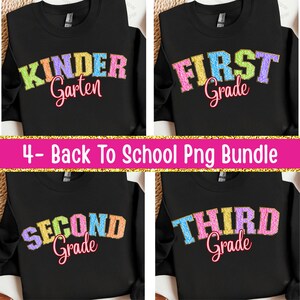 May include: Four black long-sleeved shirts with colourful text designs. Each shirt features a different grade level: "Kinder Garten", "First Grade", "Second Grade", and "Third Grade". A pink banner reads "4- Back To School Png Bundle".