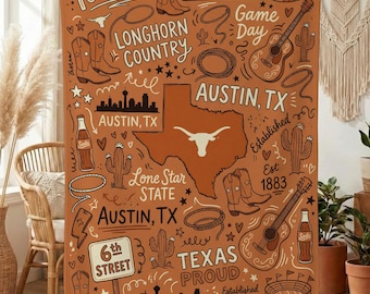 Austin Texas Blanket, Texas Longhorns Gift, Texas Proud Throw, Lone Star State Gift, Texas Tech A&M Gift