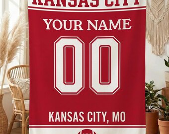 Personalized Kansas City Football Blanket, Custom Football Jersey, Kansas City Chiefs Throw, Football Fan Gift, NFL Team Gift
