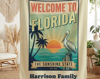 Custom Welcome To Florida Blanket, Personalized Family Name Throw, Sunshine State, Florida State Pride Gifts, Florida Beach Blanket