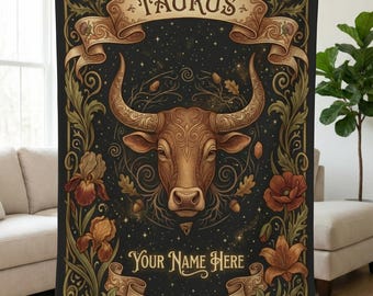 Custom Taurus Art Nouveau Blanket, Personalized Zodiac Birthday Gift, Horoscope Gift, Celestial Boho Throw