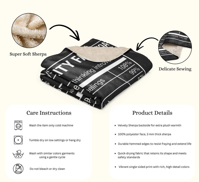 May include: Black and white blanket with text, "EITY F thinking introve feelings 108% 99% 070". The blanket has a soft, plush sherpa backing and is made of 100% polyester. Features include durable hemmed edges and a vibrant single-sided print.