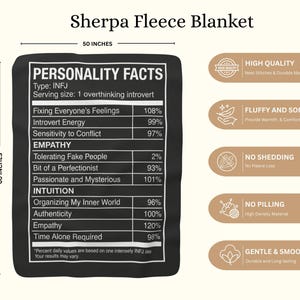 May include: Black Sherpa fleece blanket, 50 x 60 inches, with a graphic resembling a nutrition label. The label lists personality traits for an INFJ type, including empathy and introversion. The blanket is labeled as high quality, fluffy, soft, and gentle.