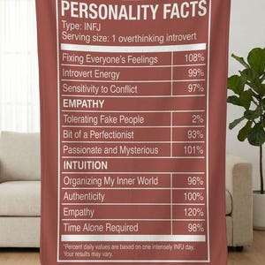May include: A maroon blanket with white text that reads "PERSONALITY FACTS." The text lists personality traits with percentages, including "Fixing Everyone's Feelings," "Introvert Energy," and "Time Alone Required." The blanket is held up by hands.