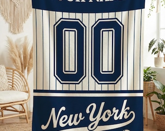 Custom New York Baseball Blanket, Personalized Jersey Number Throw, Custom Sports Gift, New York Yankees