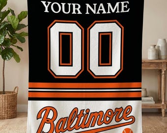 Personalized Baltimore Baseball Blanket, Baltimore Orioles Throw, Baseball Fan Gifts, MLB Team Gift, Custom Baseball Gift