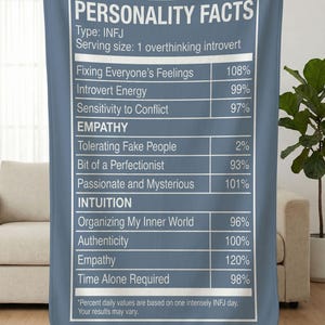 May include: A blue blanket with white text that reads "PERSONALITY FACTS" and details about the INFJ personality type. The text includes percentages for traits like "Introvert Energy" and "Empathy".