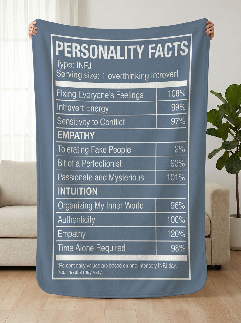May include: A blue blanket with white text that reads "PERSONALITY FACTS" and details about the INFJ personality type. The text includes percentages for traits like "Introvert Energy" and "Empathy".