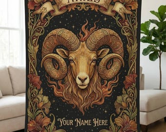 Custom Aries Art Nouveau Blanket, Personalized Zodiac Birthday Gift, Celestial Boho Throw, Horoscope Gift