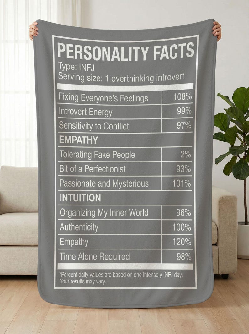 May include: A gray blanket with white text that reads "PERSONALITY FACTS" and a list of traits with percentages, including "Fixing Everyone's Feelings" and "Time Alone Required." The blanket is held up by unseen hands.