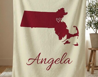Personalized Massachusetts State Blanket, Custom Name Sherpa Fleece Throw, Bay State Gift, Custom Family Gift