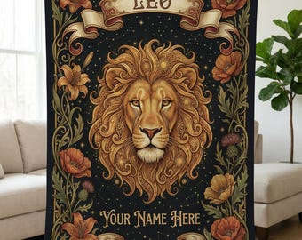 Custom Leo Zodiac Blanket, Art Nouveau Lion Sherpa Throw, Personalized Astrology Gift