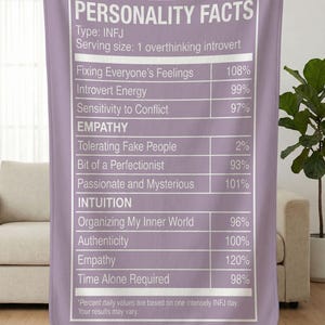 May include: A lavender throw blanket with white text that reads "PERSONALITY FACTS" and a list of traits with percentages, including "Introvert Energy" and "Time Alone Required". The blanket is held up by a person.