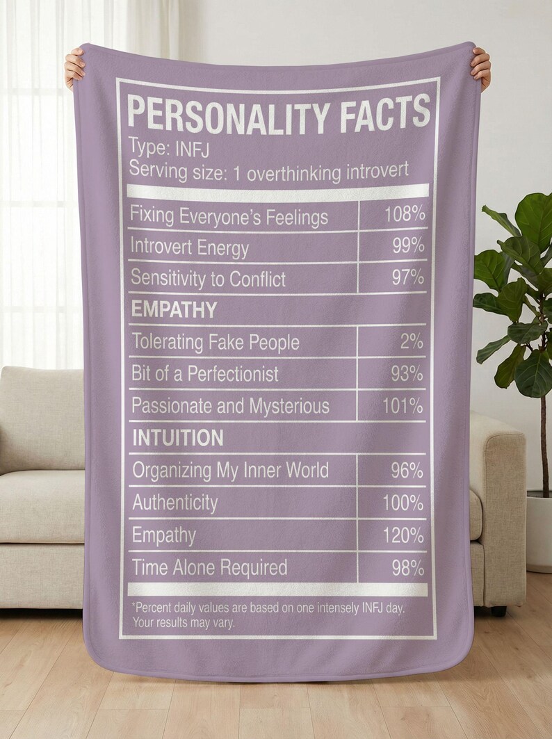 May include: A lavender throw blanket with white text that reads "PERSONALITY FACTS" and a list of traits with percentages, including "Introvert Energy" and "Time Alone Required". The blanket is held up by a person.