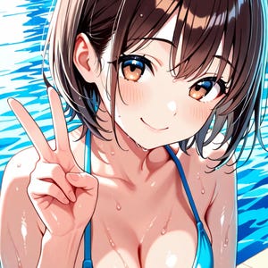 以下が含まれることがあります： 青いビキニを着て笑顔でピースサインをしているアニメスタイルのイラスト。その人は茶色の髪と目をしており、肌には水滴が付いており、プールにいることを示唆しています。背景には青いプールが描かれています。