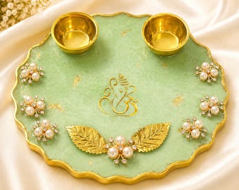 Mini plato de resina para ofrendas religiosas, diseño floral de perlas, plato grabado con la imagen de Ganesh, decoración festiva, regalo de boda.