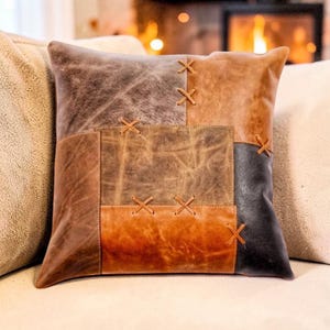 Patchwork Genuine Leather Cushion Cover | Rustic Farmhouse Leather Cushion | Handmade Boho Leather Throw Cushion Cover | Sofa Accent Cushion
