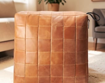 Square Leather Floor Cushion Cover, Large Leather Pouf Cover, Handmade Tan Brown Floor Pillow, Ottoman Cushion, Boho Decor