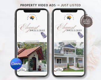 Just-Listed Modern Realty Video Ad Template, Canva-Editable MP4, Price-Tagged Multi-Property-Listing, Luxury Real-Estate Brokerage Branding