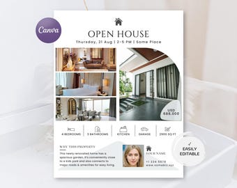Modern Real Estate Flyer, Editable Open House Canva Template, Luxury Property Listing Printable Poster, Just Listed Realtor Marketing Design