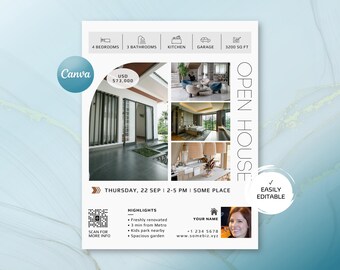 Realtor Open House Flyer QR Code, Editable Canva Real Estate Template, Luxury Property Marketing Printable, 8.5x11 Modern Listing Poster