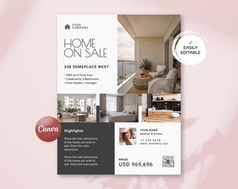 Luxury Real Estate Flyer Template, Modern 8.5"x11" Editable Canva Brochure, Property Printable Handout with QR Code, Realtor Listing Poster